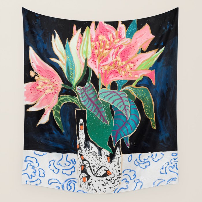 Swan Vase with Pink Lily Flower Bouquet on Dark Blue and Black Winter Floral Wall Tapestry Gallery Image 1