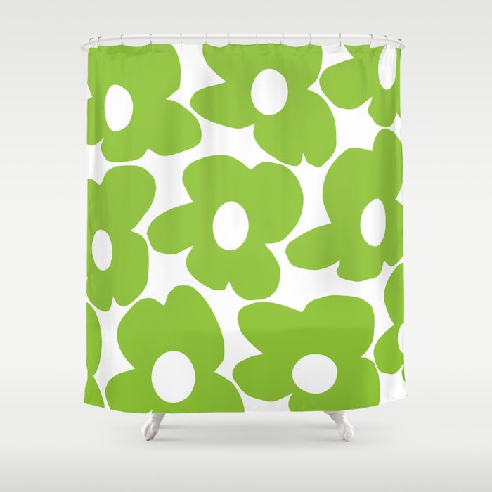 Large Summer Green Retro Flowers White Background Fresh Mood #decor #society6 #buyart Shower Curtain Gallery Image 1