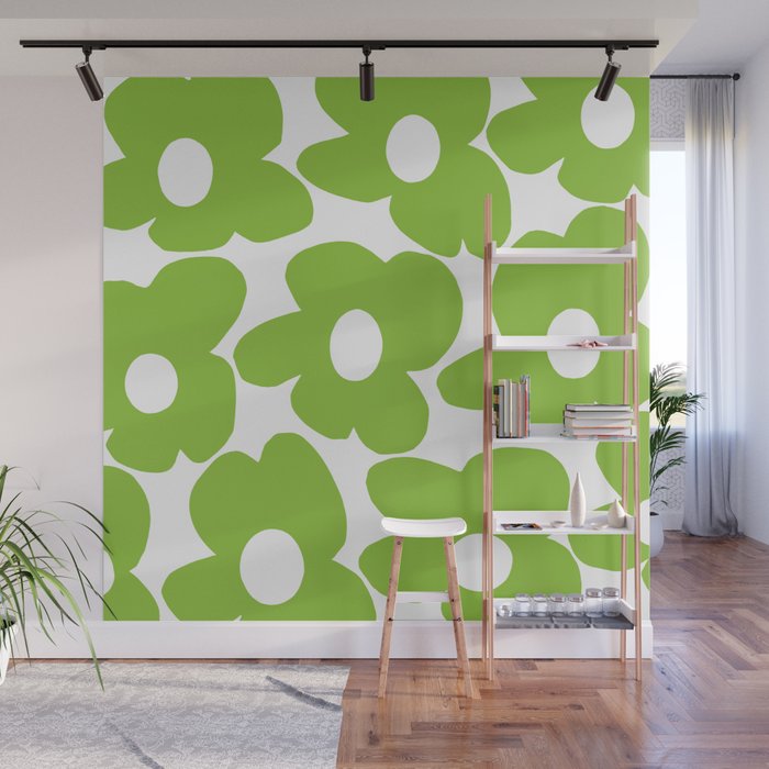 Large Summer Green Retro Flowers White Background Fresh Mood #decor #society6 #buyart Wall Mural Gallery Image 1