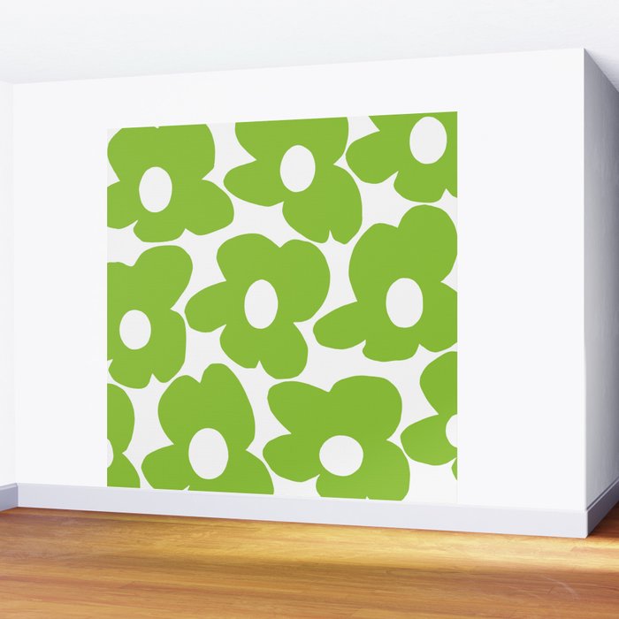 Large Summer Green Retro Flowers White Background Fresh Mood #decor #society6 #buyart Wall Mural Gallery Image 2