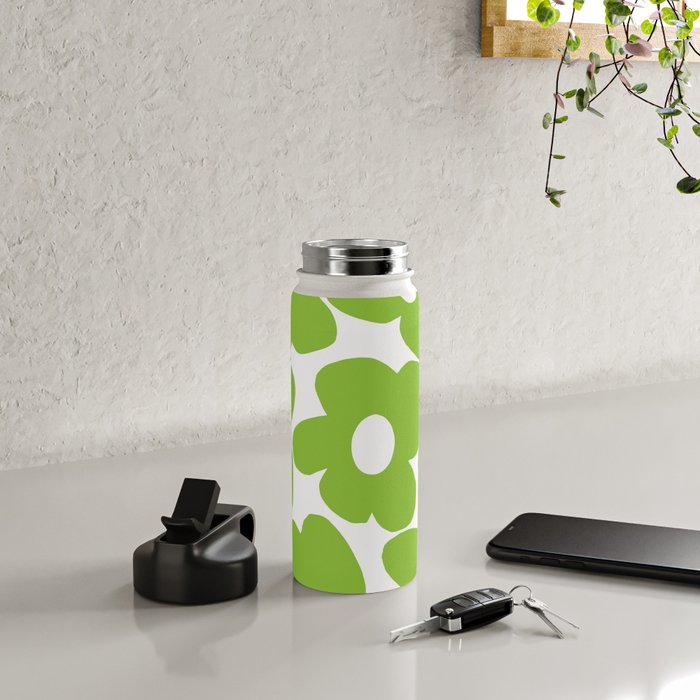 Large Summer Green Retro Flowers White Background Fresh Mood #decor #society6 #buyart Water Bottle Gallery Image 4