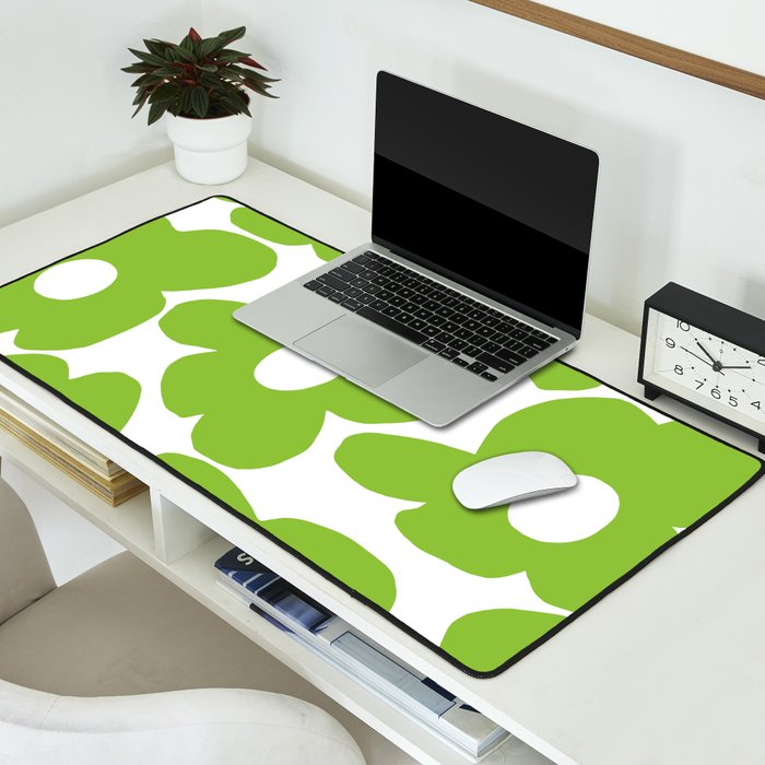 Large Summer Green Retro Flowers White Background Fresh Mood #decor #society6 #buyart Desk Mat Gallery Image 2