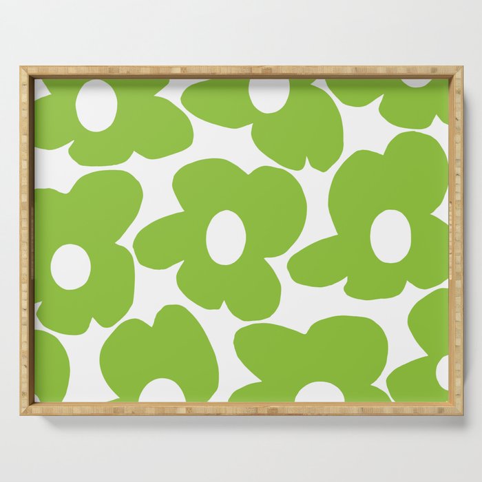 Large Summer Green Retro Flowers White Background Fresh Mood #decor #society6 #buyart Serving Tray Gallery Image 1