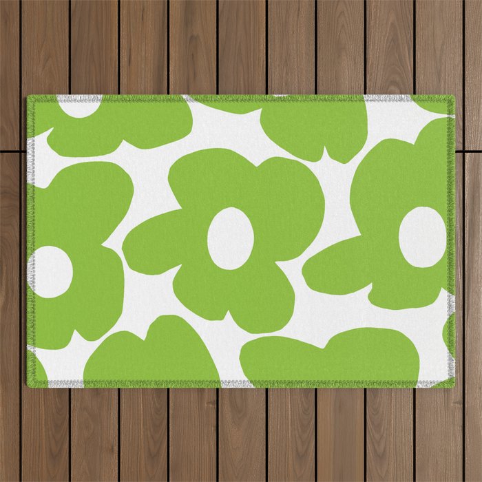 Large Summer Green Retro Flowers White Background Fresh Mood #decor #society6 #buyart Outdoor Rug Gallery Image 1