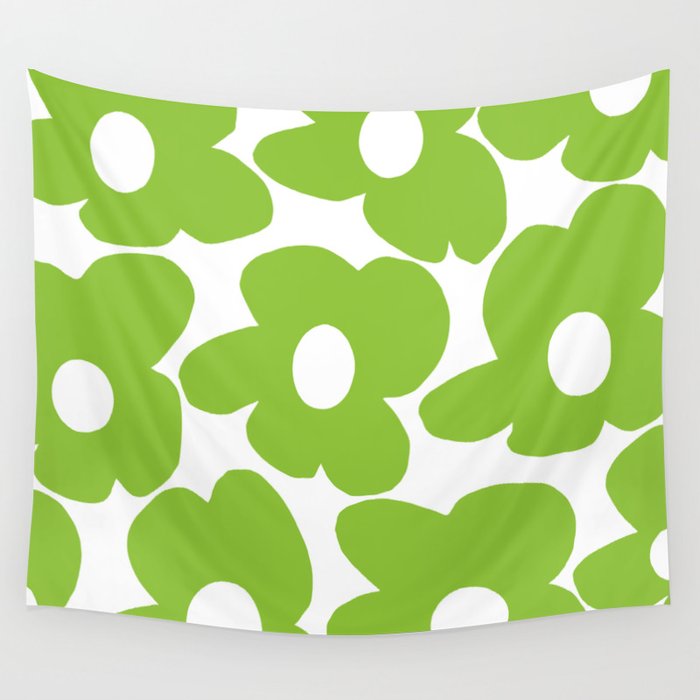 Large Summer Green Retro Flowers White Background Fresh Mood #decor #society6 #buyart Wall Tapestry Gallery Image 4