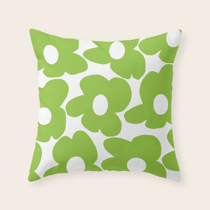 Large Summer Green Retro Flowers White Background Fresh Mood #decor #society6 #buyart Throw Pillow Gallery Image 6