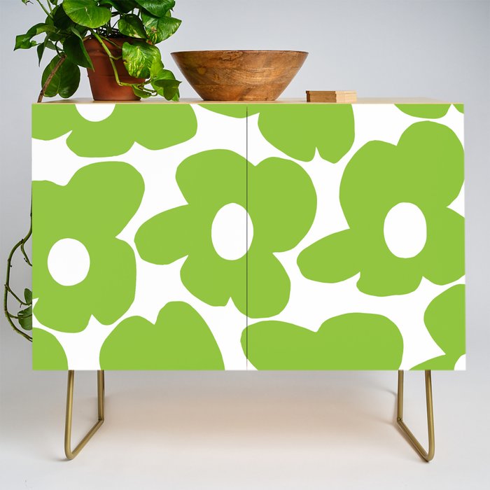 Large Summer Green Retro Flowers White Background Fresh Mood #decor #society6 #buyart Credenza Gallery Image 1