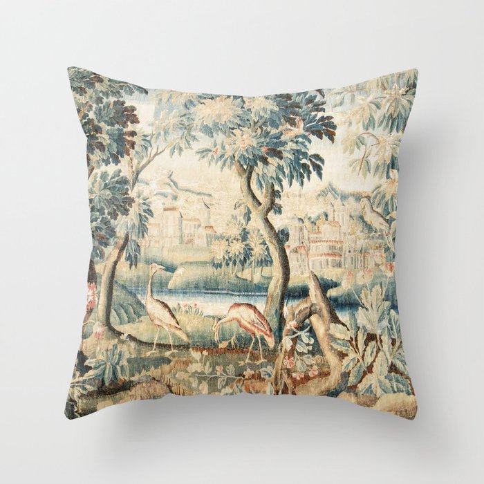 Antique 18th Century French Chateau Bird Garden Verdure Tapestry Throw Pillow Gallery Image 1