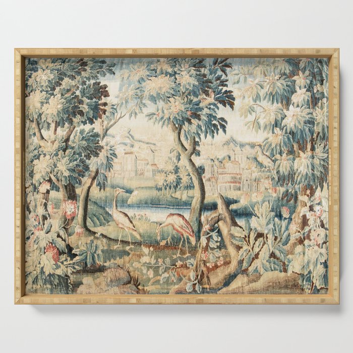 Antique 18th Century French Chateau Bird Garden Verdure Tapestry Serving Tray Gallery Image 1