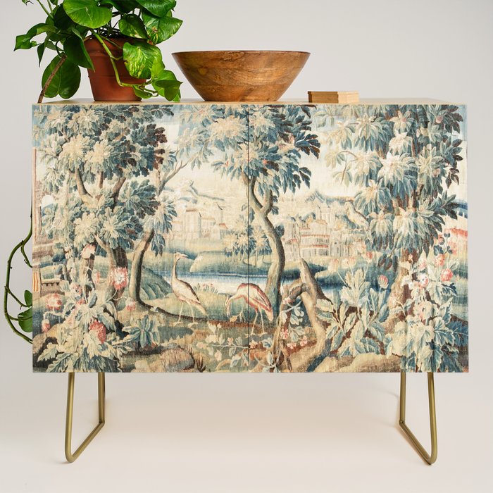 Antique 18th Century French Chateau Bird Garden Verdure Tapestry Credenza Gallery Image 1