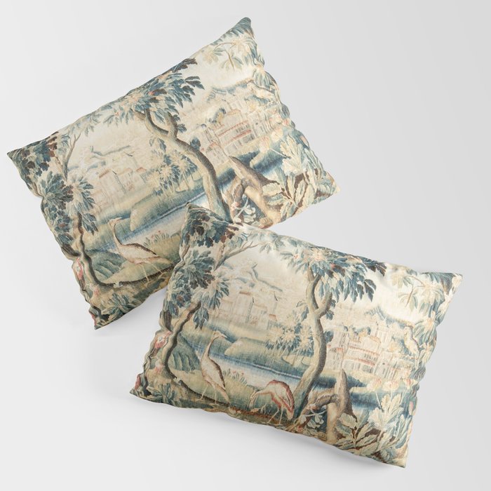 Antique 18th Century French Chateau Bird Garden Verdure Tapestry Pillow Sham Gallery Image 1