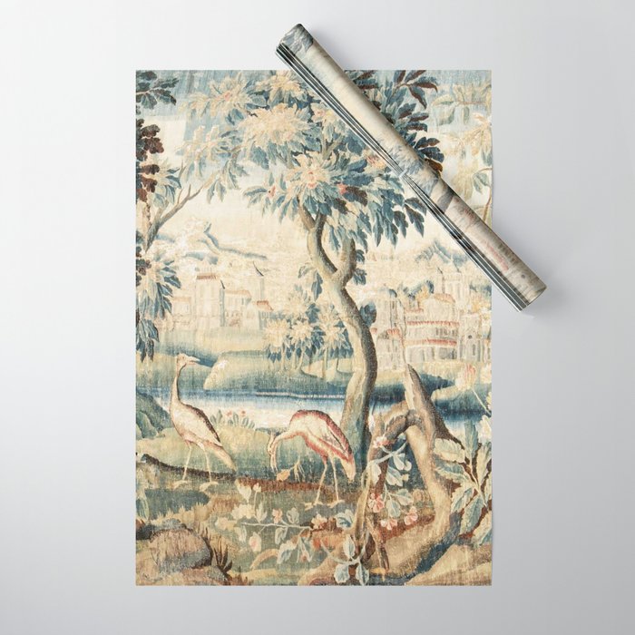 Antique 18th Century French Chateau Bird Garden Verdure Tapestry Wrapping Paper Gallery Image 1