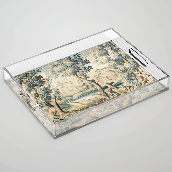 Antique 18th Century French Chateau Bird Garden Verdure Tapestry Acrylic Tray Gallery Image 1