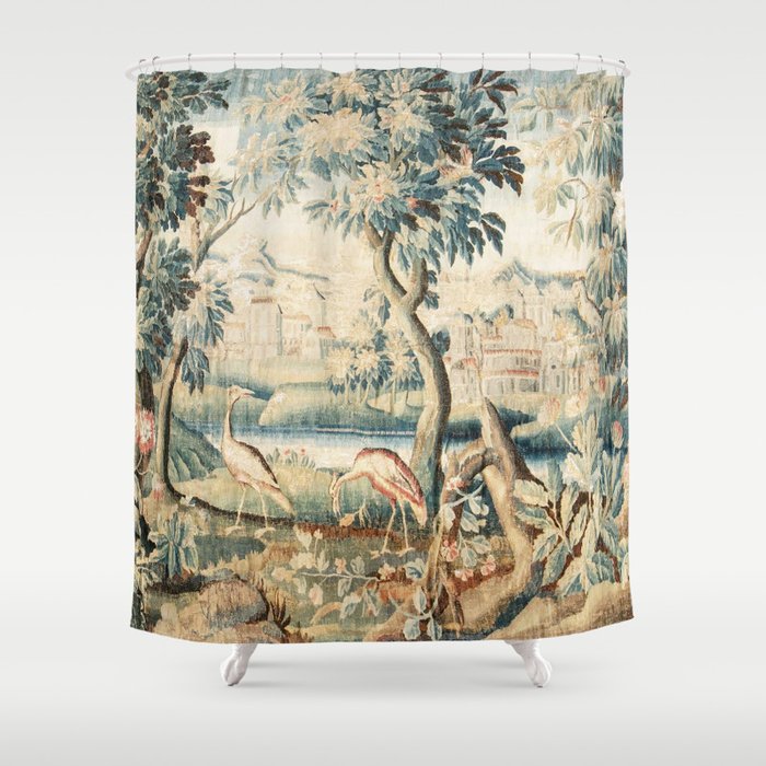 Antique 18th Century French Chateau Bird Garden Verdure Tapestry Shower Curtain Gallery Image 1