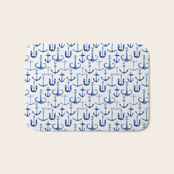Anchors Away - Nautical Watercolor Anchors in Blue Bath Mat Gallery Image 1