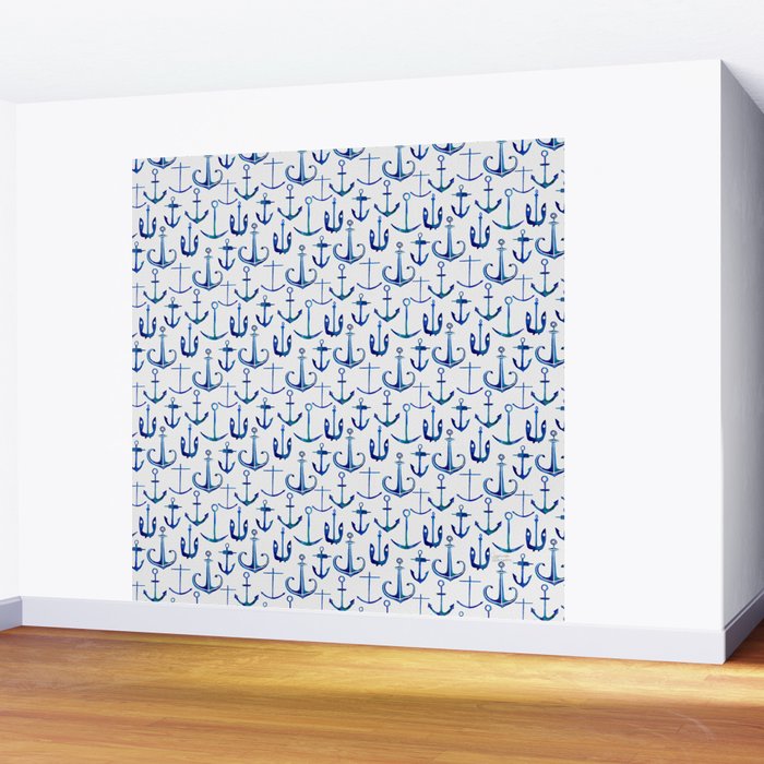 Anchors Away - Nautical Watercolor Anchors in Blue Wall Mural Gallery Image 2