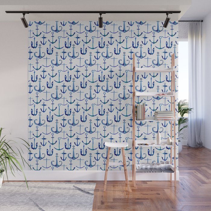Anchors Away - Nautical Watercolor Anchors in Blue Wall Mural Gallery Image 1