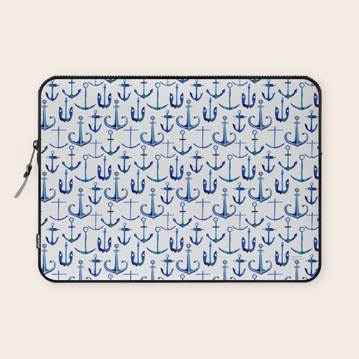 Anchors Away - Nautical Watercolor Anchors in Blue Laptop Sleeve Gallery Image 1