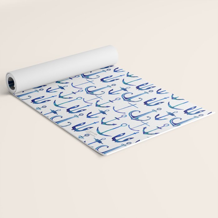 Anchors Away - Nautical Watercolor Anchors in Blue Yoga Mat Gallery Image 2