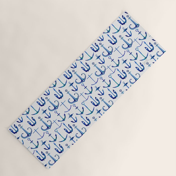 Anchors Away - Nautical Watercolor Anchors in Blue Yoga Mat Gallery Image 1