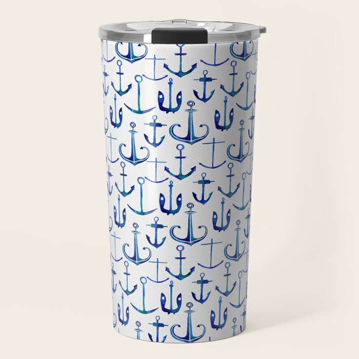 Anchors Away - Nautical Watercolor Anchors in Blue Travel Mug Gallery Image 1
