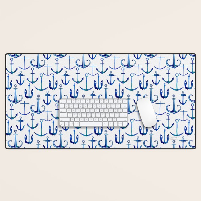 Anchors Away - Nautical Watercolor Anchors in Blue Desk Mat Gallery Image 1
