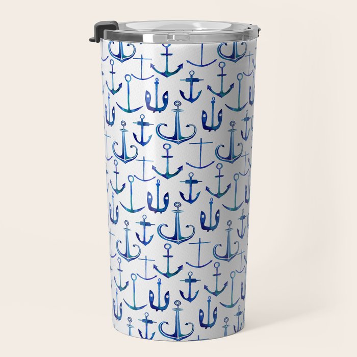 Anchors Away - Nautical Watercolor Anchors in Blue Travel Mug Gallery Image 3
