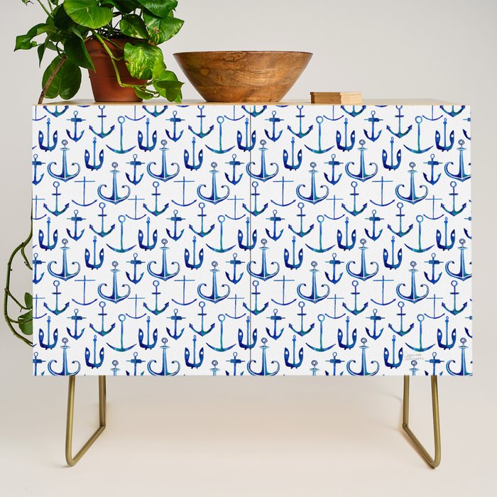 Anchors Away - Nautical Watercolor Anchors in Blue Credenza Gallery Image 1