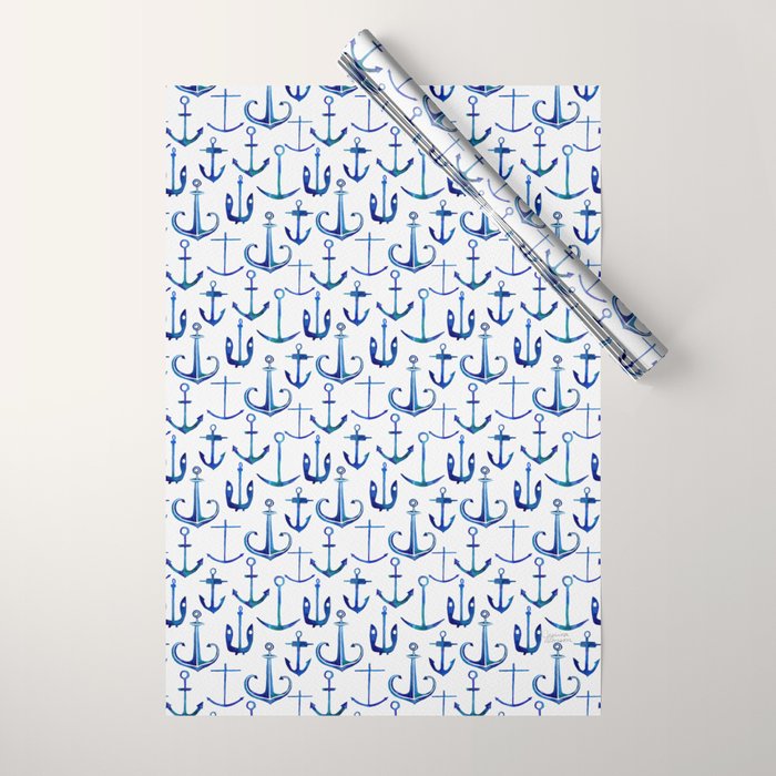 Anchors Away - Nautical Watercolor Anchors in Blue Wrapping Paper Gallery Image 1