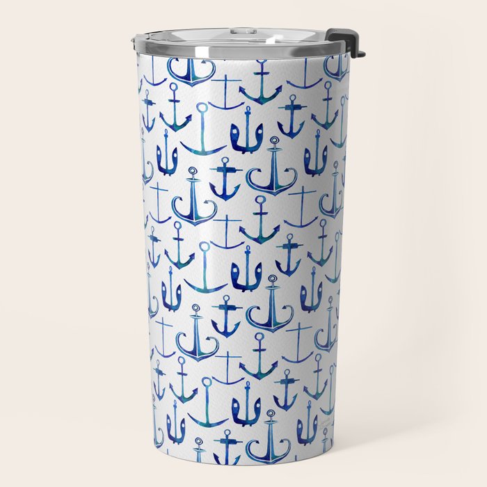 Anchors Away - Nautical Watercolor Anchors in Blue Travel Mug Gallery Image 2