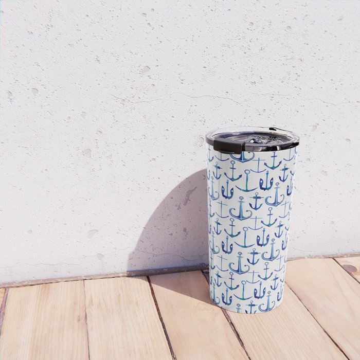 Anchors Away - Nautical Watercolor Anchors in Blue Travel Mug Gallery Image 4
