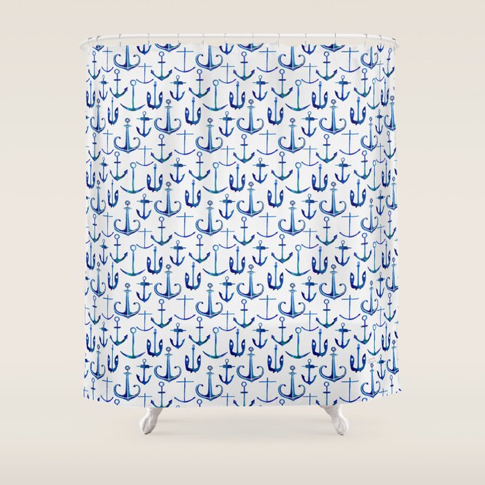 Anchors Away - Nautical Watercolor Anchors in Blue Shower Curtain Gallery Image 1