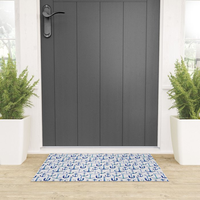Anchors Away - Nautical Watercolor Anchors in Blue Welcome Mat Gallery Image 3