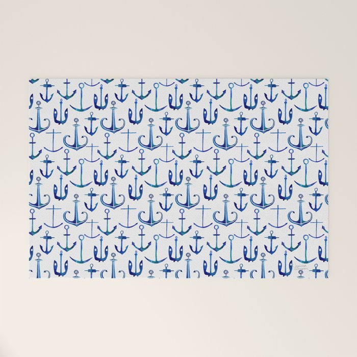 Anchors Away - Nautical Watercolor Anchors in Blue Welcome Mat Gallery Image 1