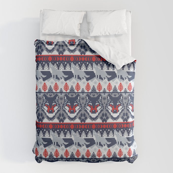 Fair isle knitting grey wolf // navy blue and grey wolves red moons and pine trees Duvet Cover Gallery Image 6