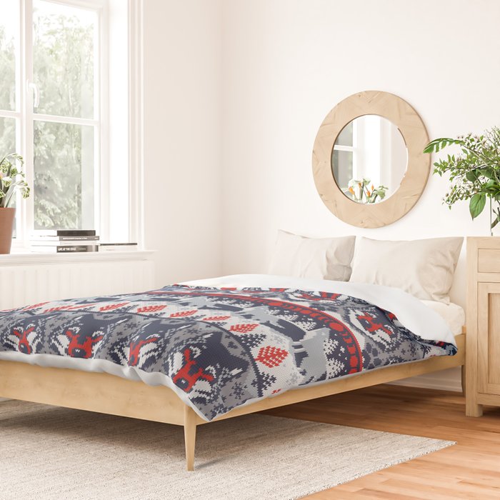 Fair isle knitting grey wolf // navy blue and grey wolves red moons and pine trees Duvet Cover Gallery Image 2