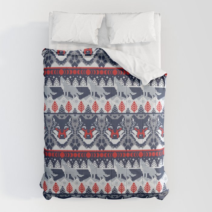 Fair isle knitting grey wolf // navy blue and grey wolves red moons and pine trees Comforter Gallery Image 1