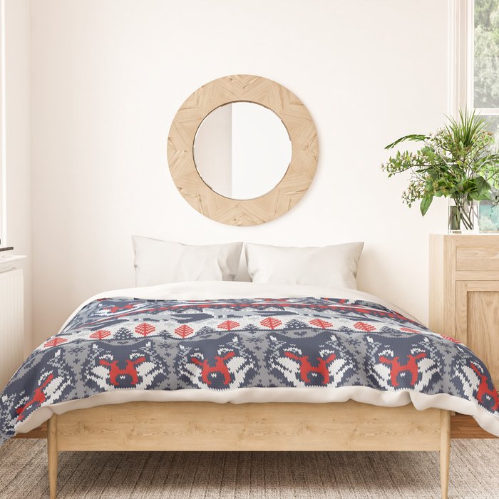 Fair isle knitting grey wolf // navy blue and grey wolves red moons and pine trees Duvet Cover Gallery Image 3