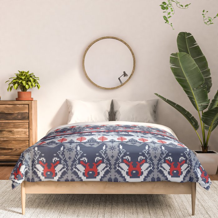 Fair isle knitting grey wolf // navy blue and grey wolves red moons and pine trees Comforter Gallery Image 3