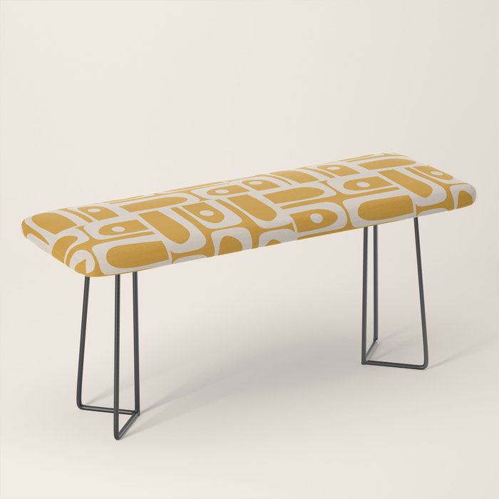 Mid Century Modern Piquet Abstract Multi Pattern Golden Ochre Mustard and Beige  Bench Gallery Image 1