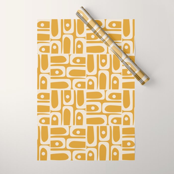 Mid Century Modern Piquet Abstract Multi Pattern Golden Ochre Mustard and Beige  Wrapping Paper Gallery Image 1