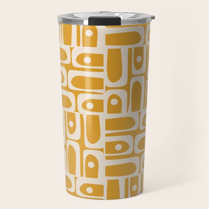 Mid Century Modern Piquet Abstract Multi Pattern Golden Ochre Mustard and Beige  Travel Mug Gallery Image 1