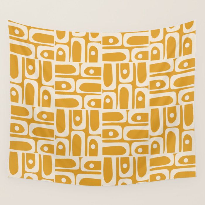 Mid Century Modern Piquet Abstract Multi Pattern Golden Ochre Mustard and Beige  Wall Tapestry Gallery Image 4