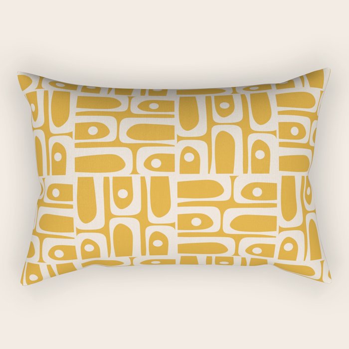Mid Century Modern Piquet Abstract Multi Pattern Golden Ochre Mustard and Beige  Rectangular Pillow Gallery Image 2