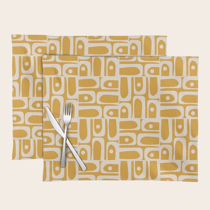 Mid Century Modern Piquet Abstract Multi Pattern Golden Ochre Mustard and Beige  Placemat Gallery Image 1