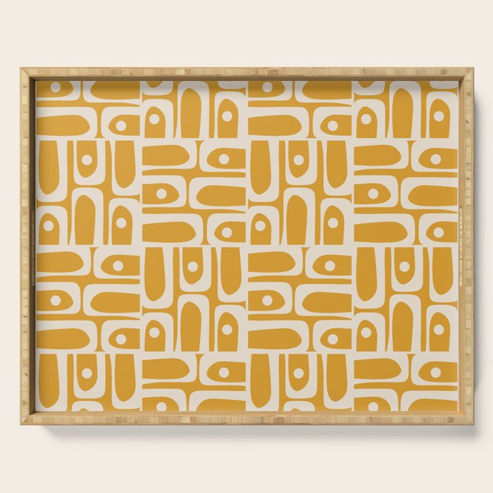 Mid Century Modern Piquet Abstract Multi Pattern Golden Ochre Mustard and Beige  Serving Tray Gallery Image 1