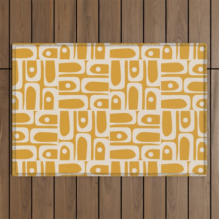 Mid Century Modern Piquet Abstract Multi Pattern Golden Ochre Mustard and Beige  Outdoor Rug Gallery Image 1