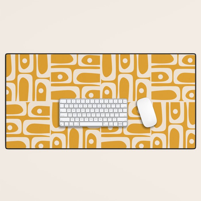 Mid Century Modern Piquet Abstract Multi Pattern Golden Ochre Mustard and Beige  Desk Mat Gallery Image 1