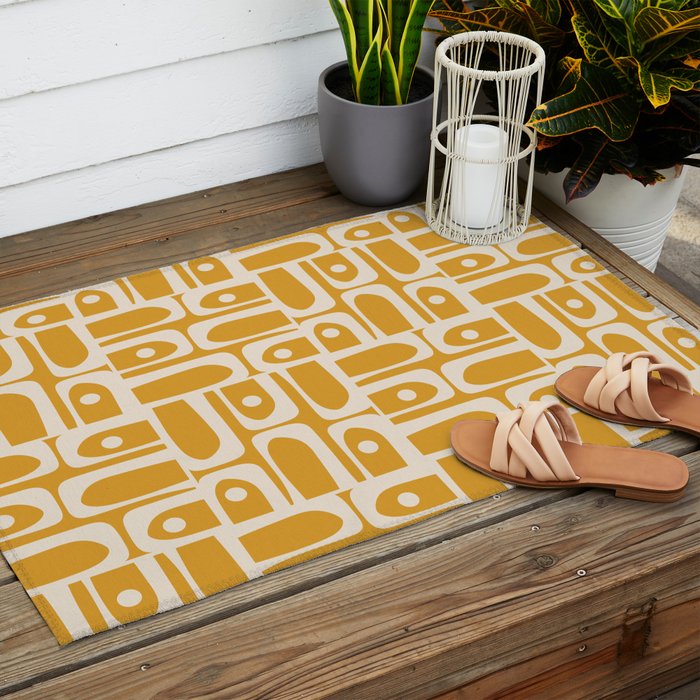 Mid Century Modern Piquet Abstract Multi Pattern Golden Ochre Mustard and Beige  Outdoor Rug Gallery Image 2