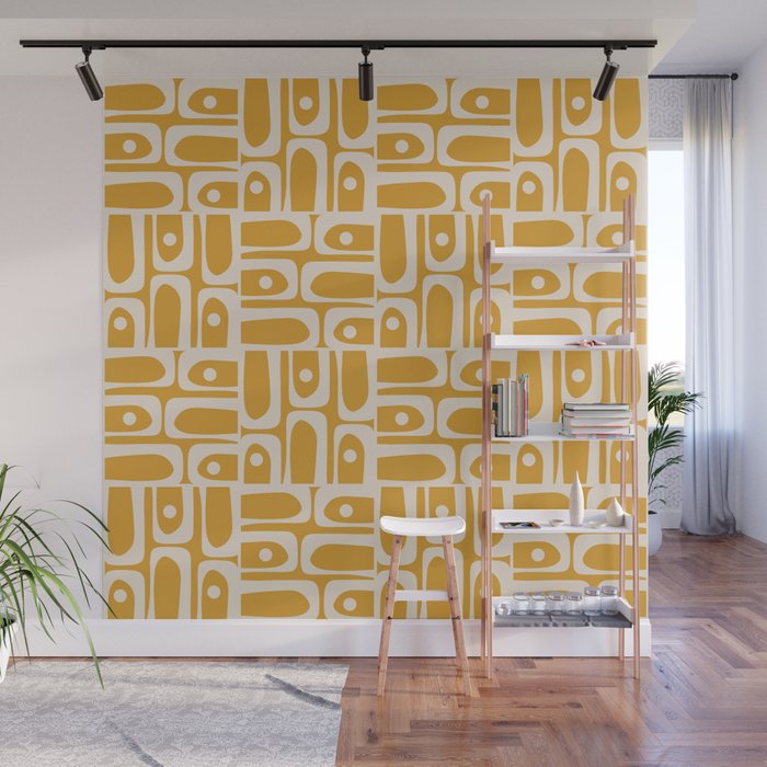 Mid Century Modern Piquet Abstract Multi Pattern Golden Ochre Mustard and Beige  Wall Mural Gallery Image 1